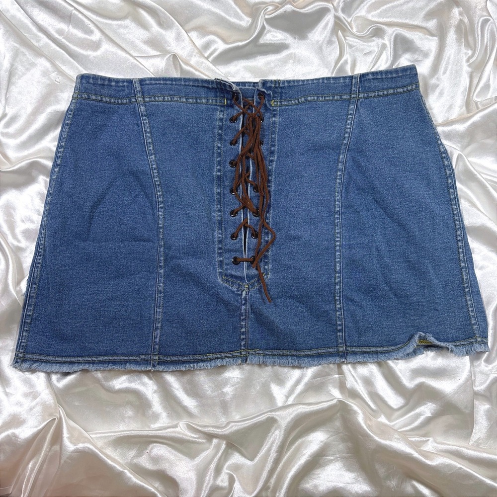 Vintage Victoria's Secret Denim Mini Skirt Blue Excellent Lace Up Raw Hem L